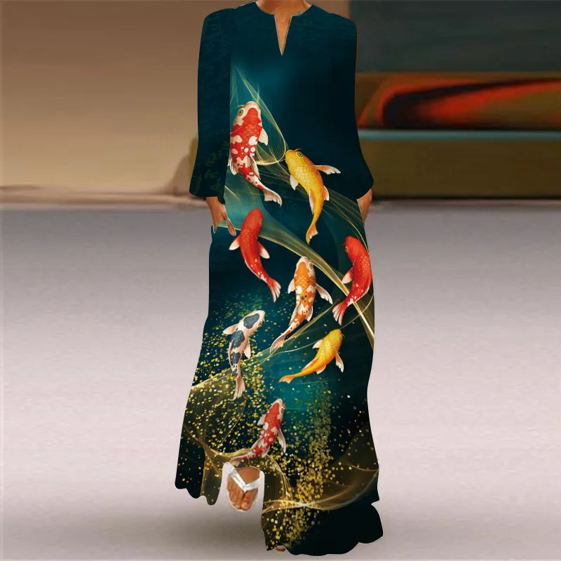 

Elegant Women's V-neck Long Sleeve Pocket Printed Loose Fit Dress Fashion Bohemian Spring And Autumn Leisure Long Dresses