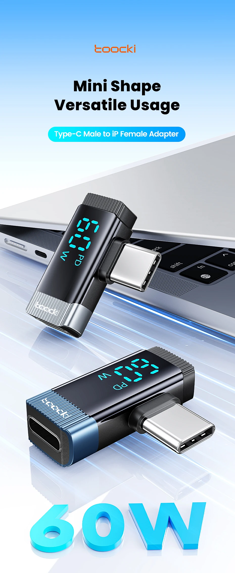 Toocki 90-Grad-Beleuchtung zum Typ-C-Adapter OTG PD 60 W-Anschluss Digitalanzeige Schnellladung für Laptop-Konverter iPhone 16 15 – Detail 1