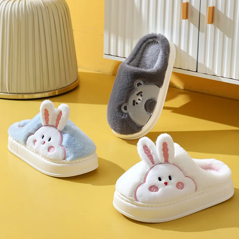 Chaussons d'intérieur en peluche coordonnants pour hommes et femmes, Kawaii, lapin, ours, contton, chaud, mignon, drôle, sol, maison, chaussures pour hommes, femmes, hiver