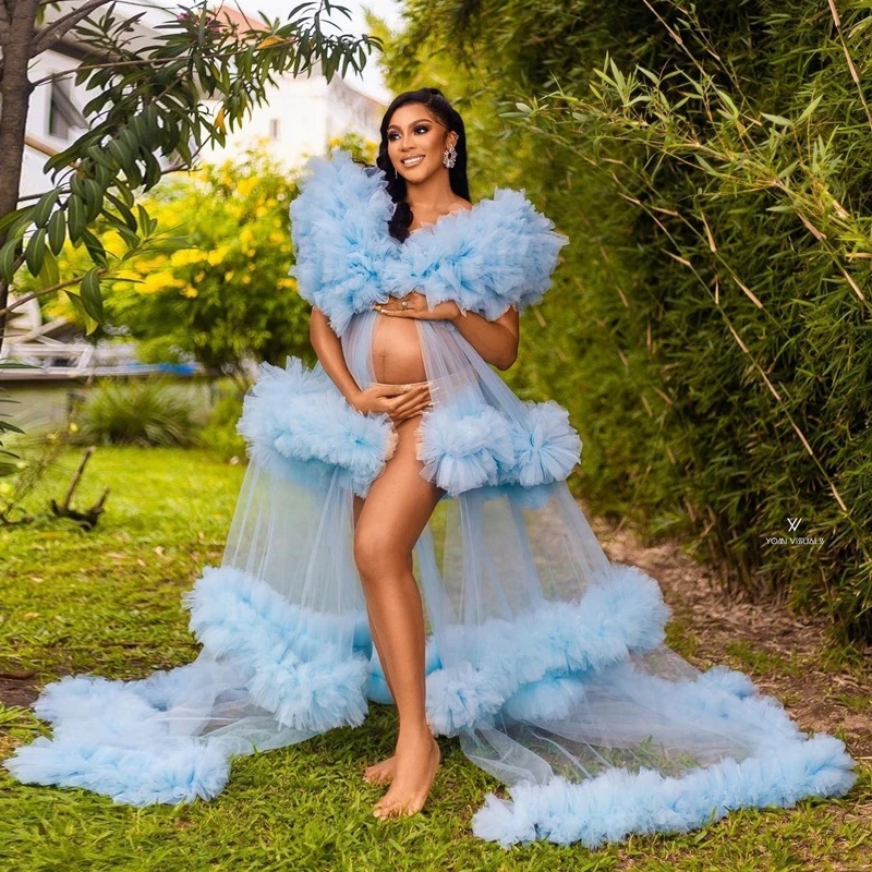 

See Thru Sky Blue Mesh Maternity Dresses For Photography Puffy Ruffles Tiered A-line Pregnancy Gowns Sexy Baby Shower Dress