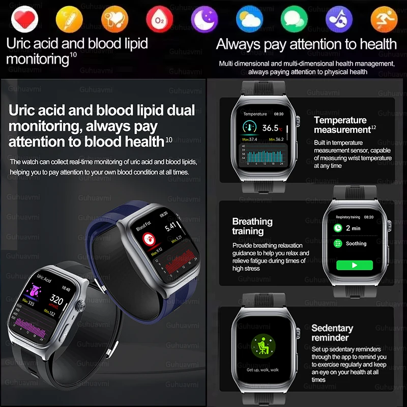 2025 New Health Nursing Air pump airbag Blood pressure Measure Smart Watch Men Women ECG+PPG Blood Fat Uric acid NFC Smartwatchs 4