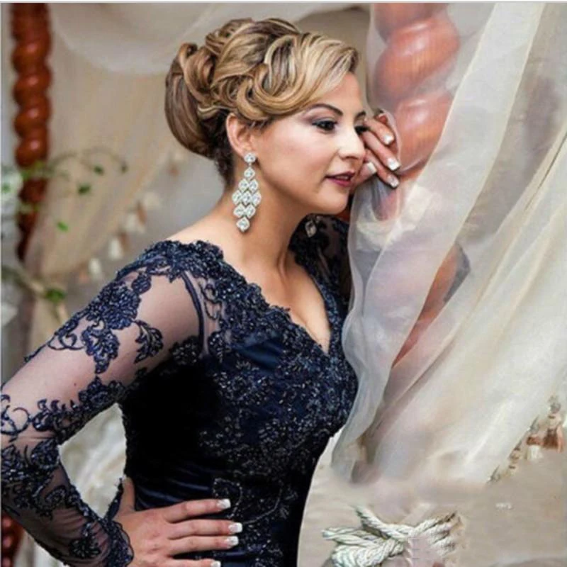 Navy Blue Mother Dress Elegant Long Sleeve V Neck Lace Applique Wedding Party Dress Mermaid Mother Of The Bride