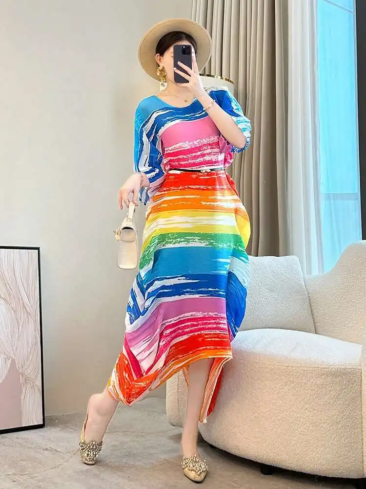 LANMREM Niche Colorful Printting Pleated Dress For Women 2025 New Loose Casual Round Collar Irregular Hem Dresses Chic 2DB2986 - Image 3