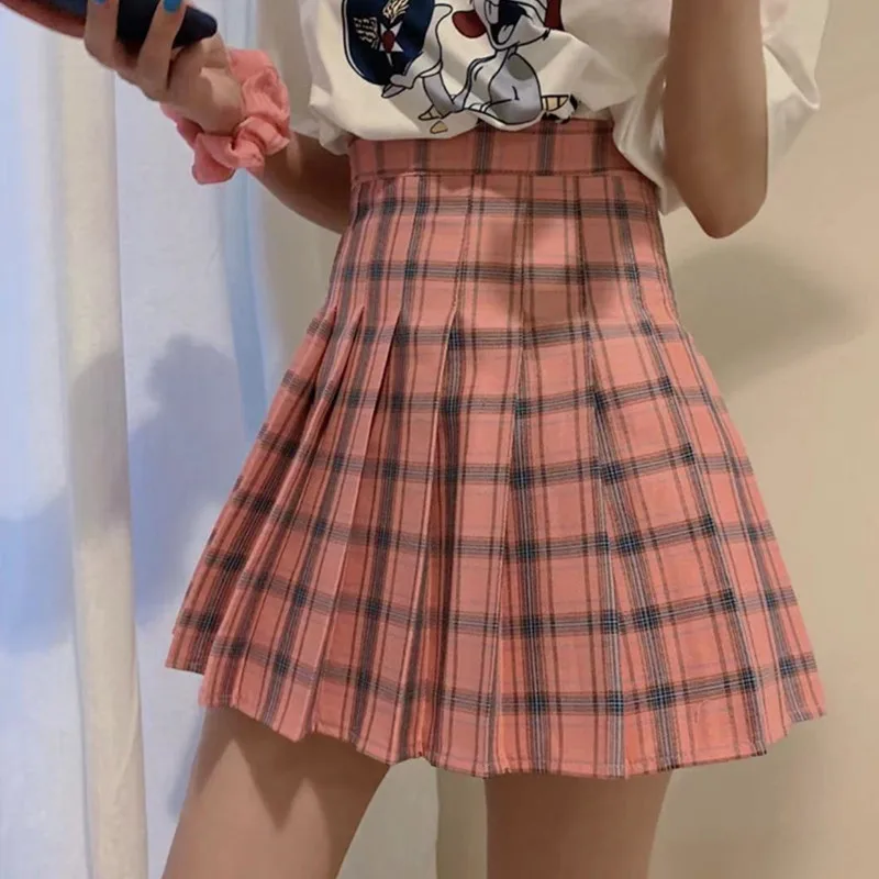 여성용 캔디 컬러 격자 무늬 테니스 스커트, 부드러운 소녀 체크 하이웨이스트 플리츠 미니 스커트, 프레피 스타일 복장