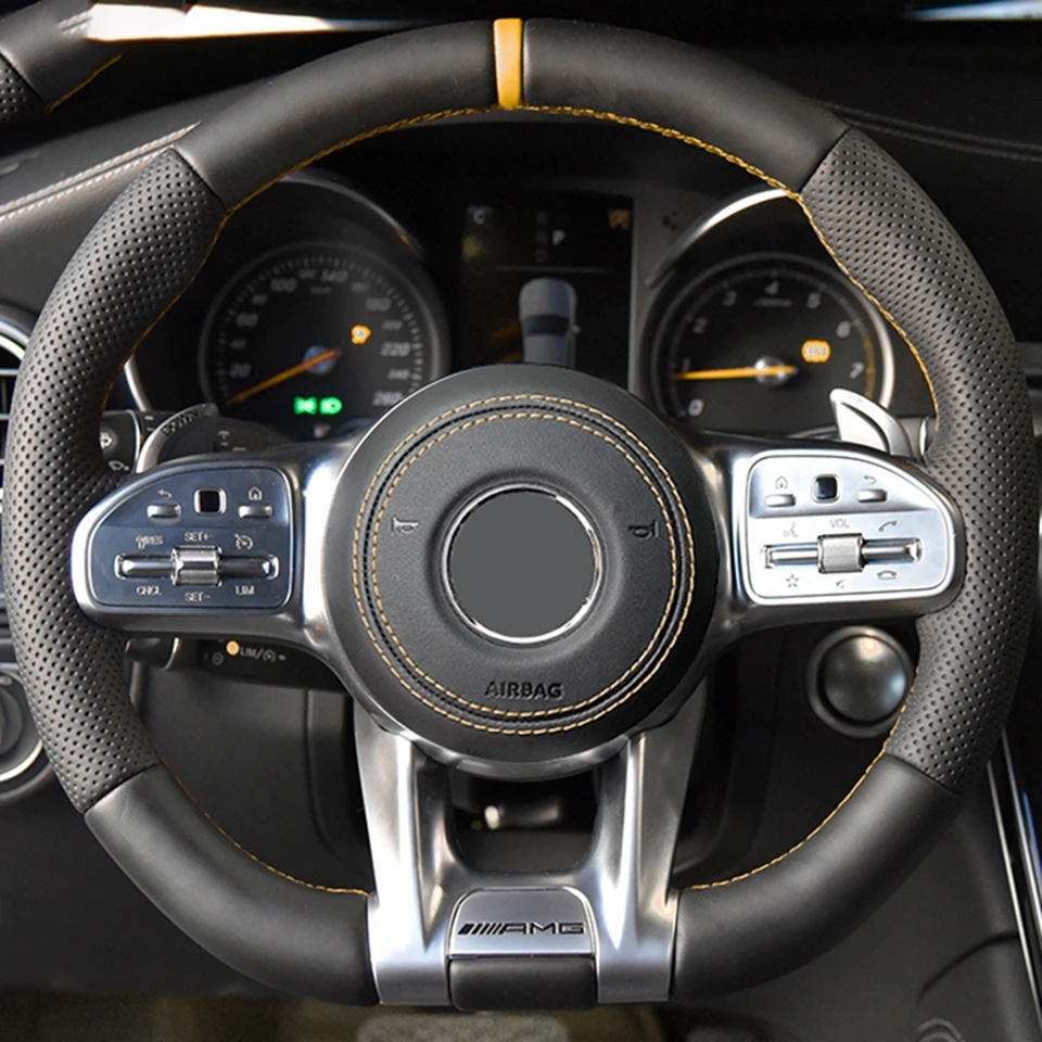 Auto Lenkrad Abdeckung Für Mercedes-Benz AMG C43 E53 S63 GLE G63 Hand-nähen Schwarz Echtes Leder auto Zubehör – Detail 1