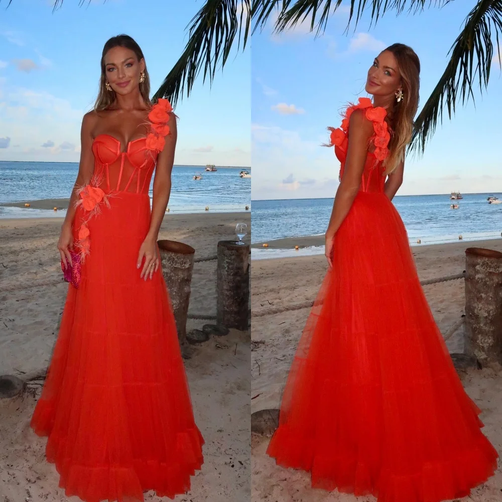 Tulle Flower Feathers Draped Engagement A-line One-shoulder Bespoke Occasion Gown Long Dresses