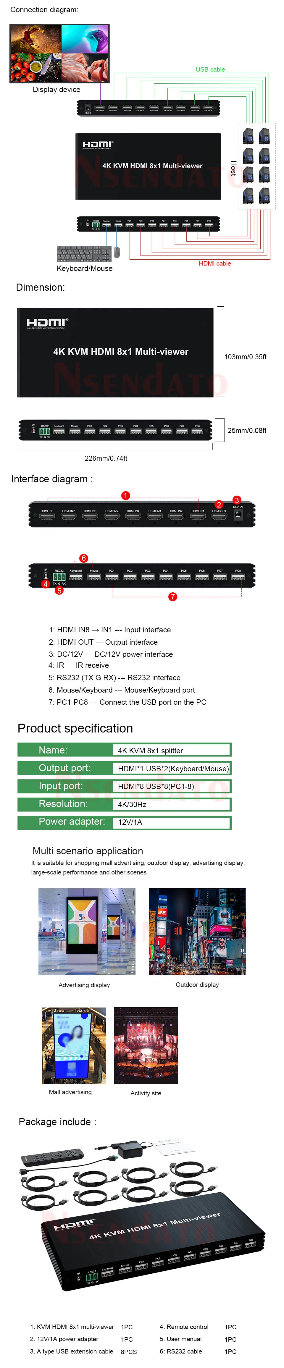 4K HDMI KVM Multi viewer 8x1 HDMI Screen Seamless MultiViewer Switch Splitter 8