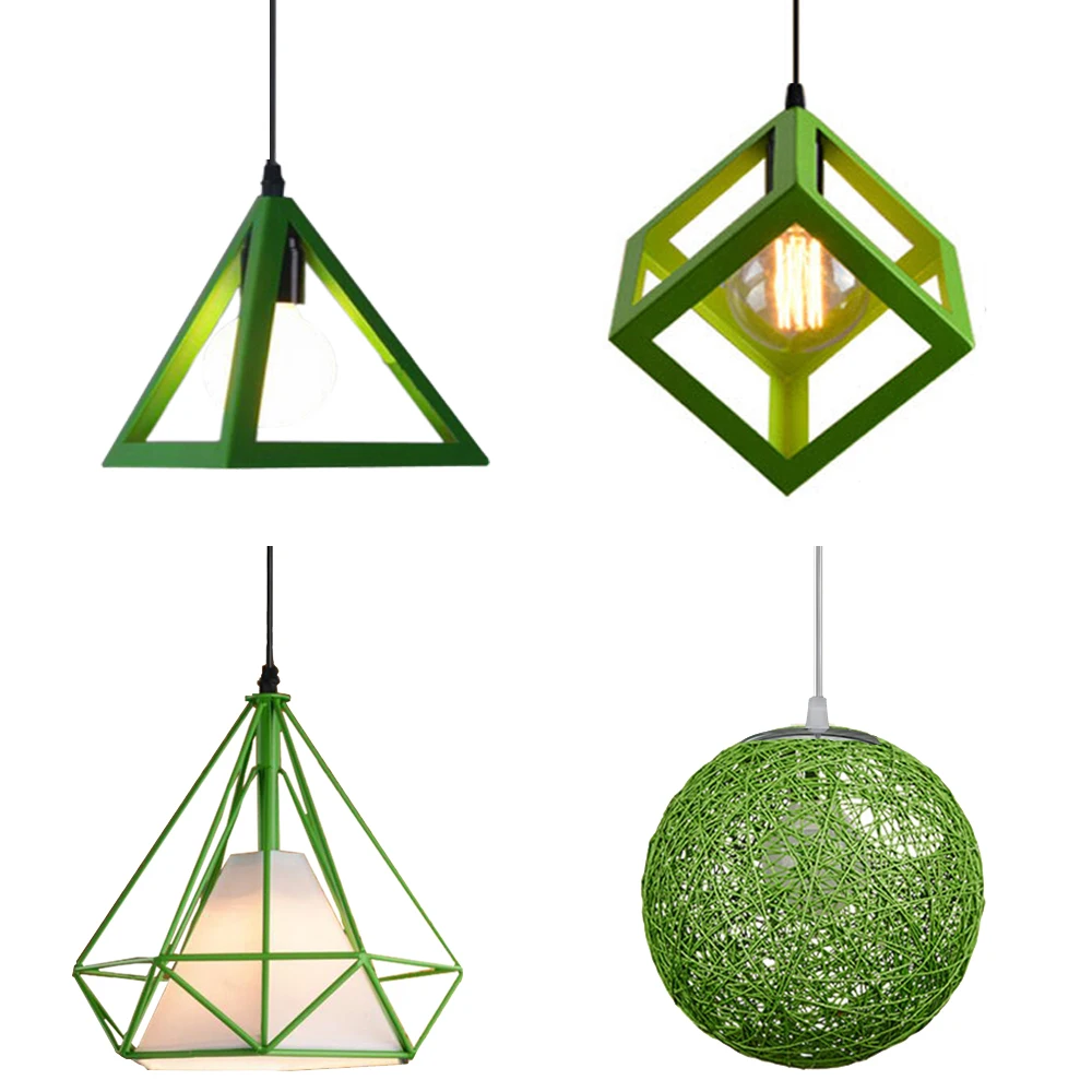 Post Modern Pendant Light Green Iron Metal Cage Hanging Lamp Lighting