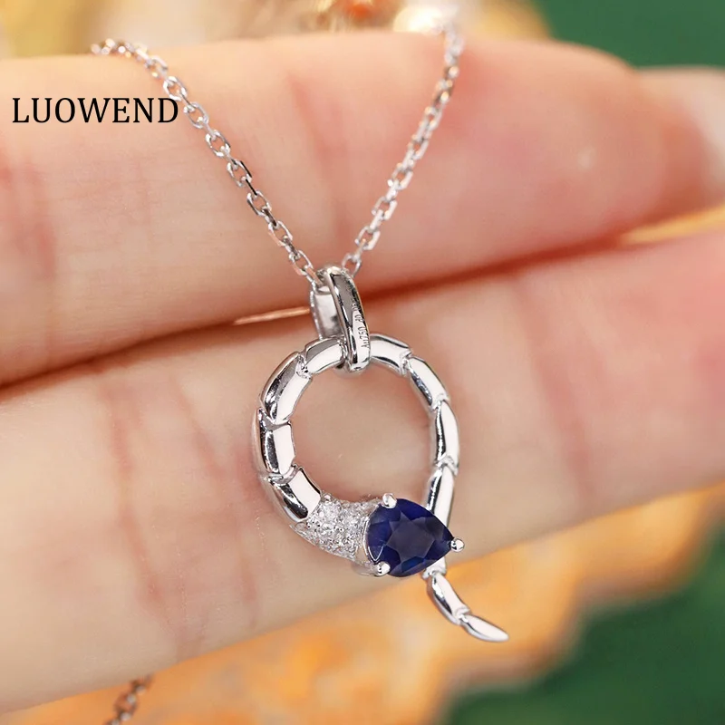 

LUOWEND 18K White Gold Necklace Fashion Snake Shaped Real Natural Sapphire Gemstone Necklace for Women Shiny Diamond Jewelry