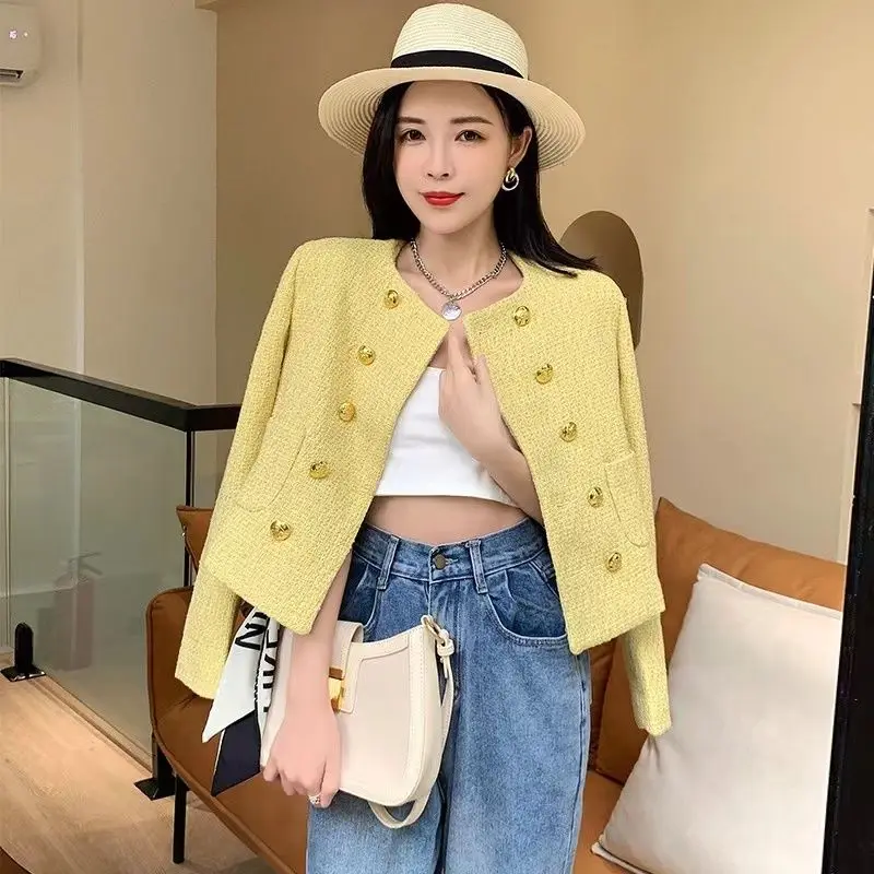 

New Yellow Chic Style Jacket for Women, 2023 Spring/Autumn New Arrival, Elegant Lady’s High-End Feel Coarse Tweed Suit Short Top