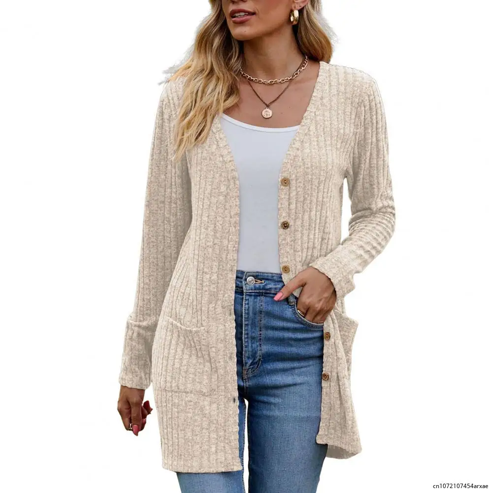 

Front Button Pocket Coat Solid Color Cardigan Cozy Knitted Women's Winter Fall Coat Long Sleeve Soft Warm with for Ladies