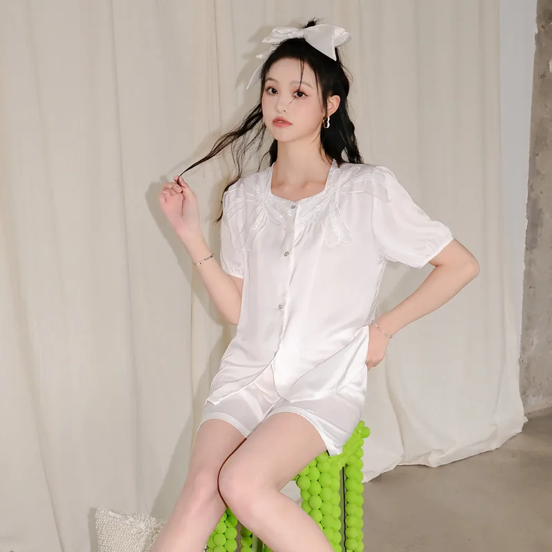 New women's pajamas sequin bow solid color short-sleeved two-piece set pajamas سكسي نيك  woman pj set