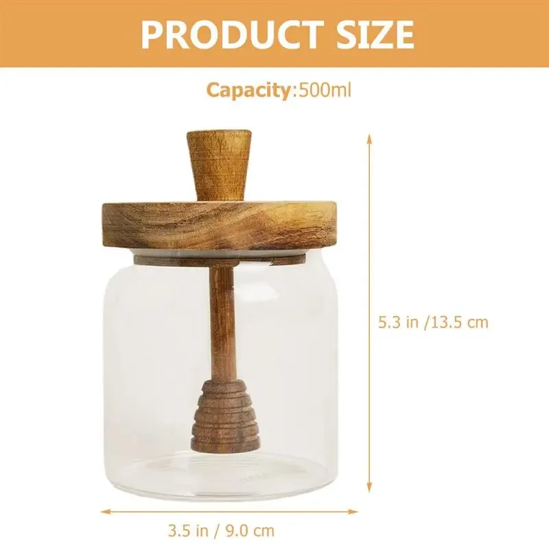 Honey Pot Airtight 500 ML Honey Jar and Dipper Set Stick and Jar Glass Containers with 2 Wooden Dipper