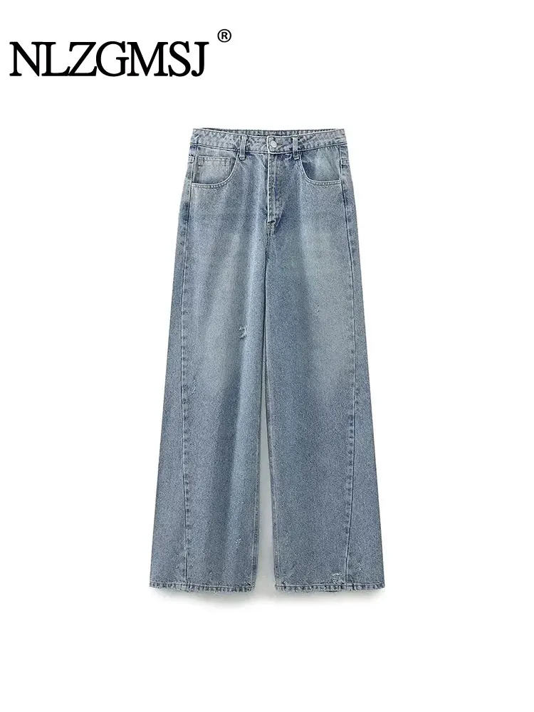

TRAF 2023 Autumn Wide Leg Denim Pants For Women Vintage High Street Zipper Jeans Pocket Decoration Causal Long Pants