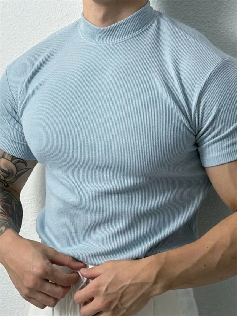 Short sleeve t shirt sport t shirt running t shirt running t shirts fitness clothes compression t shirt mens tank tops men t shirts men undershirts men linen t shirt Men summer fashion Men's T-shirt Small high collar stripe shirt short sleeve fitness top close-fitting sport T-shirt Mens sports