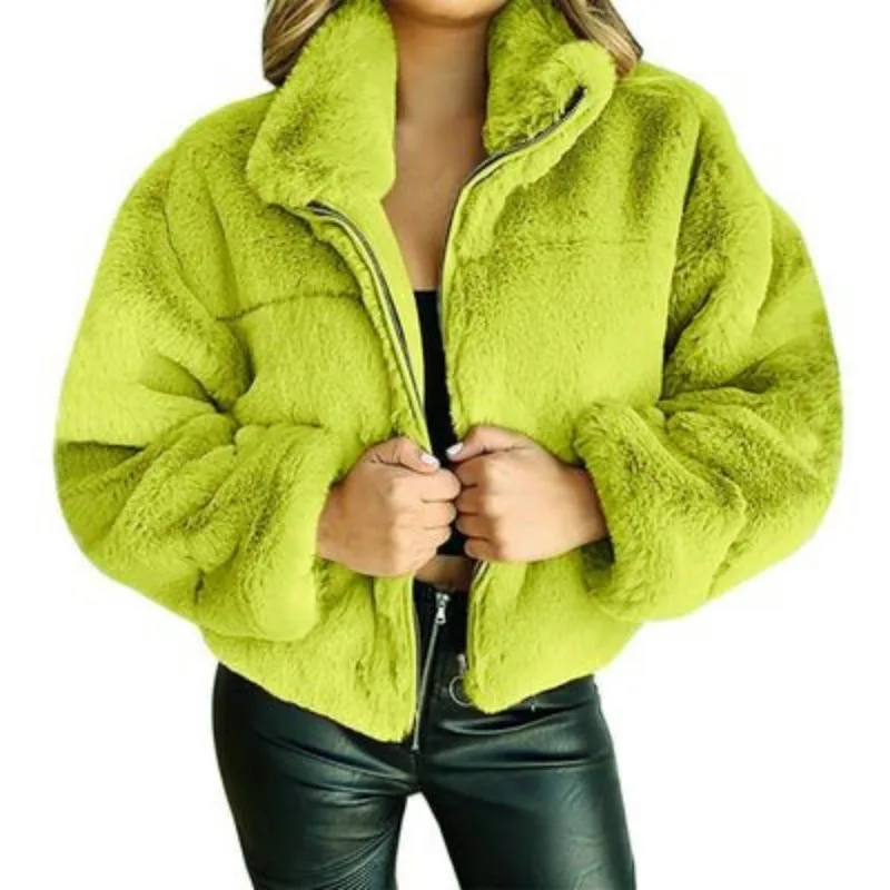 

2023 Autumn Winter New Women Comfortable Casual Imitation Fur Zipper Cardigan Plush Warm Coat Short Standing Collar Fur Overcoat