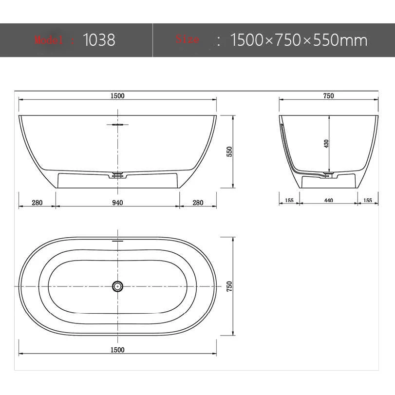 1500x750x550mm New Design Resin Freestanding Bathtub Online Celebrity Colored Transparent Muti-Sized Tub RS1038-1