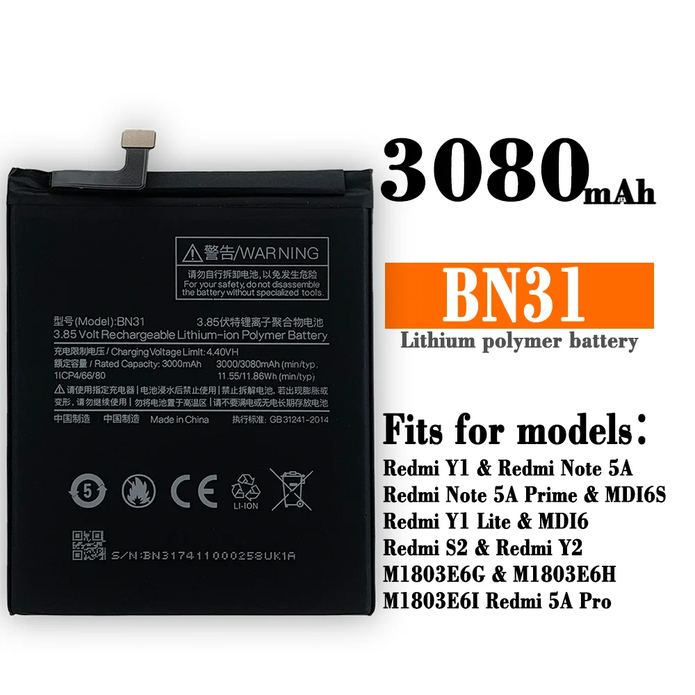 

100% Original Phone Battery For Redmi Note 5A Prime S2 Battery Xiaomi Mi 5X A1 Mi5X BN31 Replacement Bateria 5A Pro Y1 MiA1 Lite