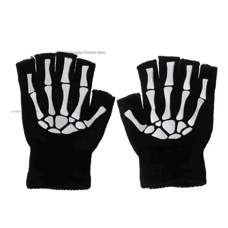 5-11T Kids Halloween Skeleton Skull Half Finger Luminous Punk Gloves Winter Skull Fingerless Black Mitten 1pair