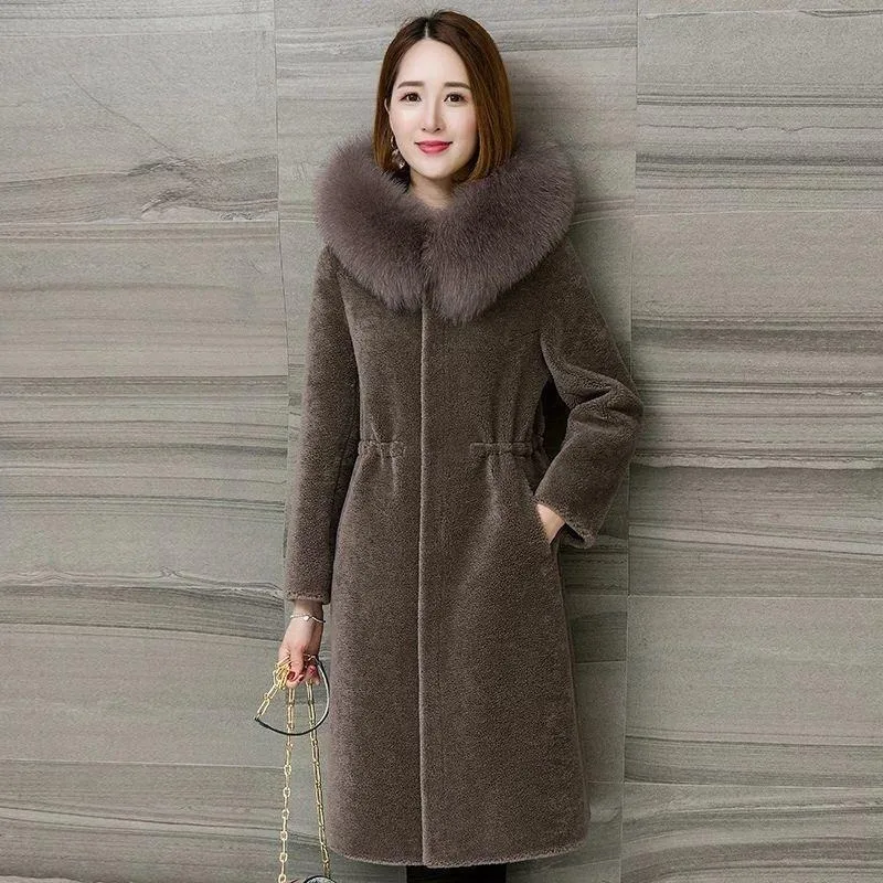 Winter New 2023 Women Faux Fox Fur Collar Fur Coat Mid-Length Lamb Wool Hooded Outwear Female Fashion Thicken Warm Casual Parkas