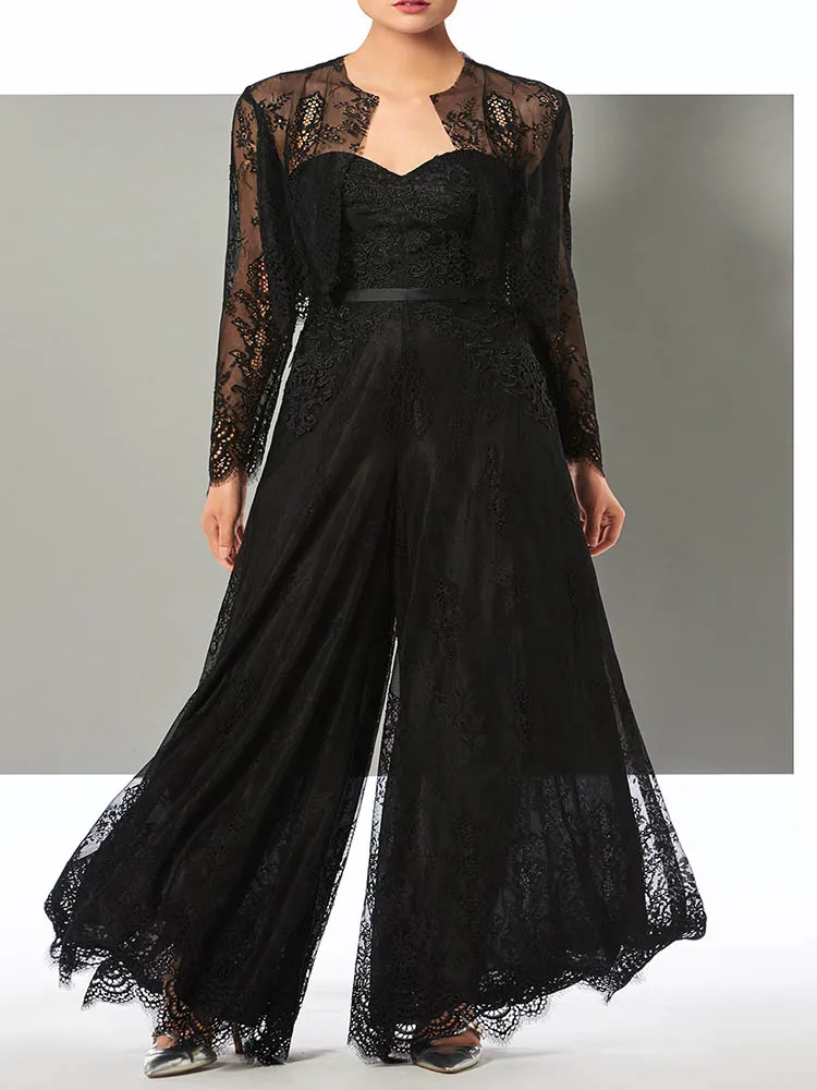 

Formal Evening Dresses/Wedding Party Prom Gowns Mother Of Bride Groom Pants Suits Black Lace With Jacket New In Ankle-Length