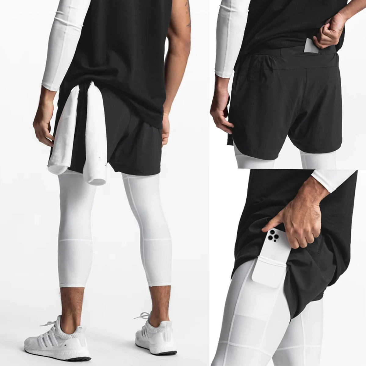 

Mens 2 in 1 GYM Shorts Ankle Length Bodybuilding Fitness Joggers Summer Quick-dry Sport Pants Male Running Workout Sweatpants