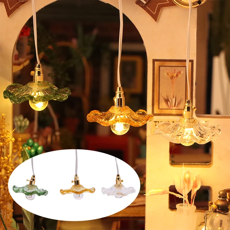 Double Headed Flower Dollhouse Chandelier - 1:12 Scale Miniature Ceiling Light With Gold Finish & CR1632 Battery