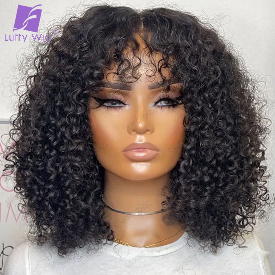 

Short Curly Wig With Bangs Human Hair Glueless O Scalp Top Full Machine Made Wig 200 Density Remy Brazilian Curly Wig Luffywig