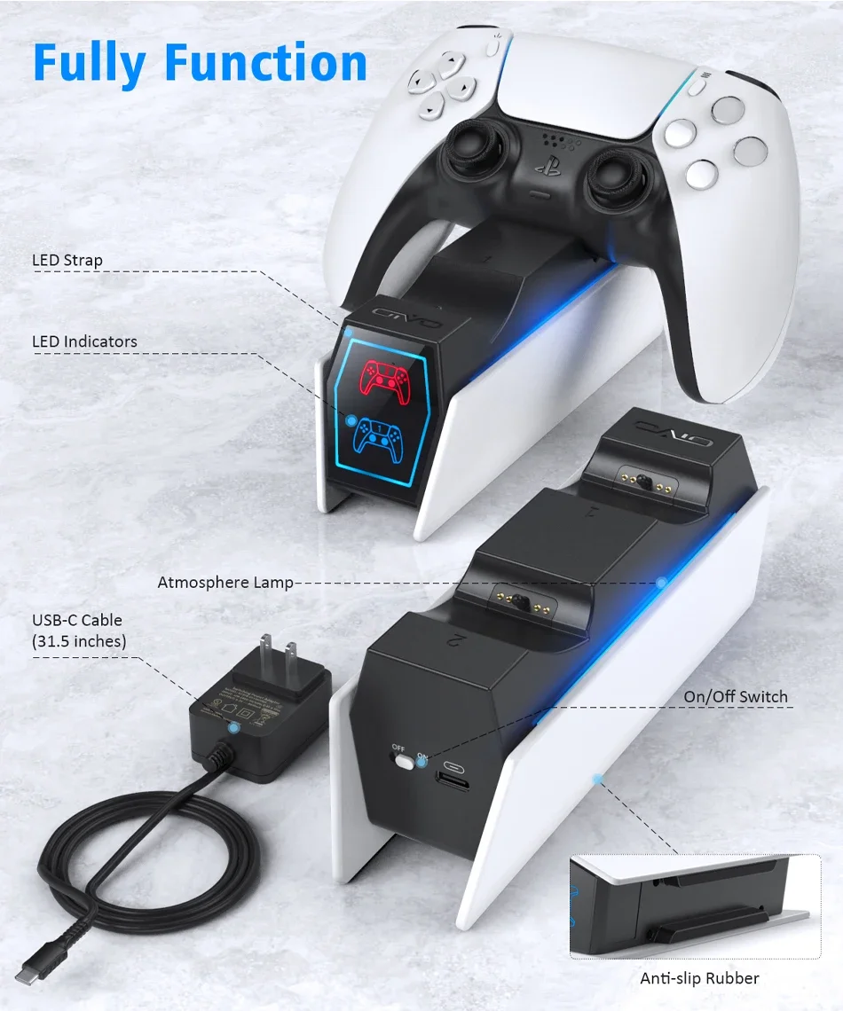 PS5 듀얼 컨트롤러 충전 도킹 스테이션(미국 플러그 포함) - Playstation 5 무선 게임패드용 고속 충전기, 과열 방지