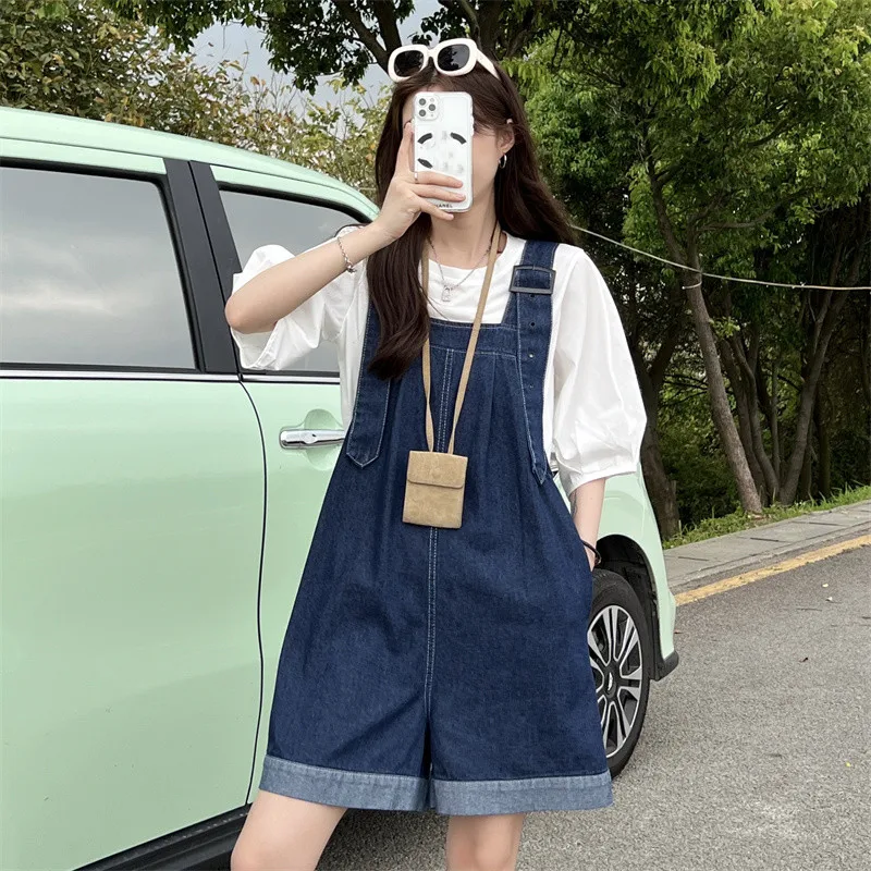 Overalls Shorts For Women's Summer Denim Shorts Korean Style Wide Leg Jeans Blue High Waisted Baggy Crimping Y2k Fashion Shorts