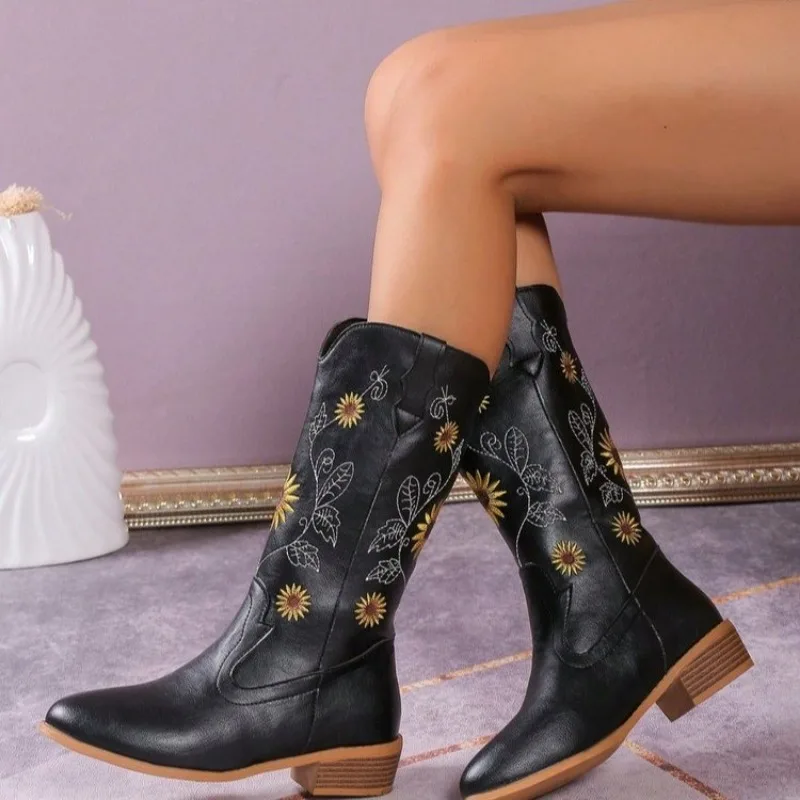 

Ladies Shoes New Hot Sale Slip-on Women's Boots Fashion Embroidered Modern Boots Women Sexy Pointed Toe Mid-Calf Shoes for Women