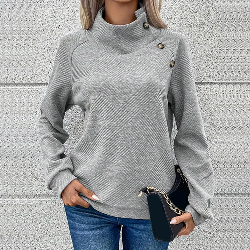 

Casual Women Top Cozy Stand Collar Women's Sweatshirt with Slant Button Decor Elastic Cuff Thick Warm Loose Pullover for Fall