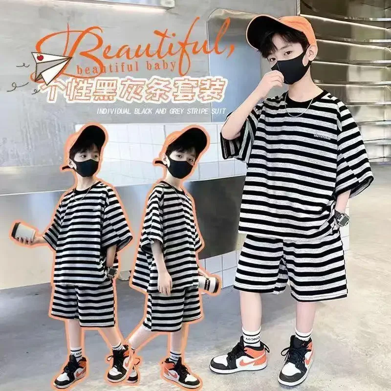 

2024 Summer Casual Baby Boy Clothes Kid Boys Striped Pattern T-Shirt Short Pants Outfits Clothing 5 7 9 11 13 Years