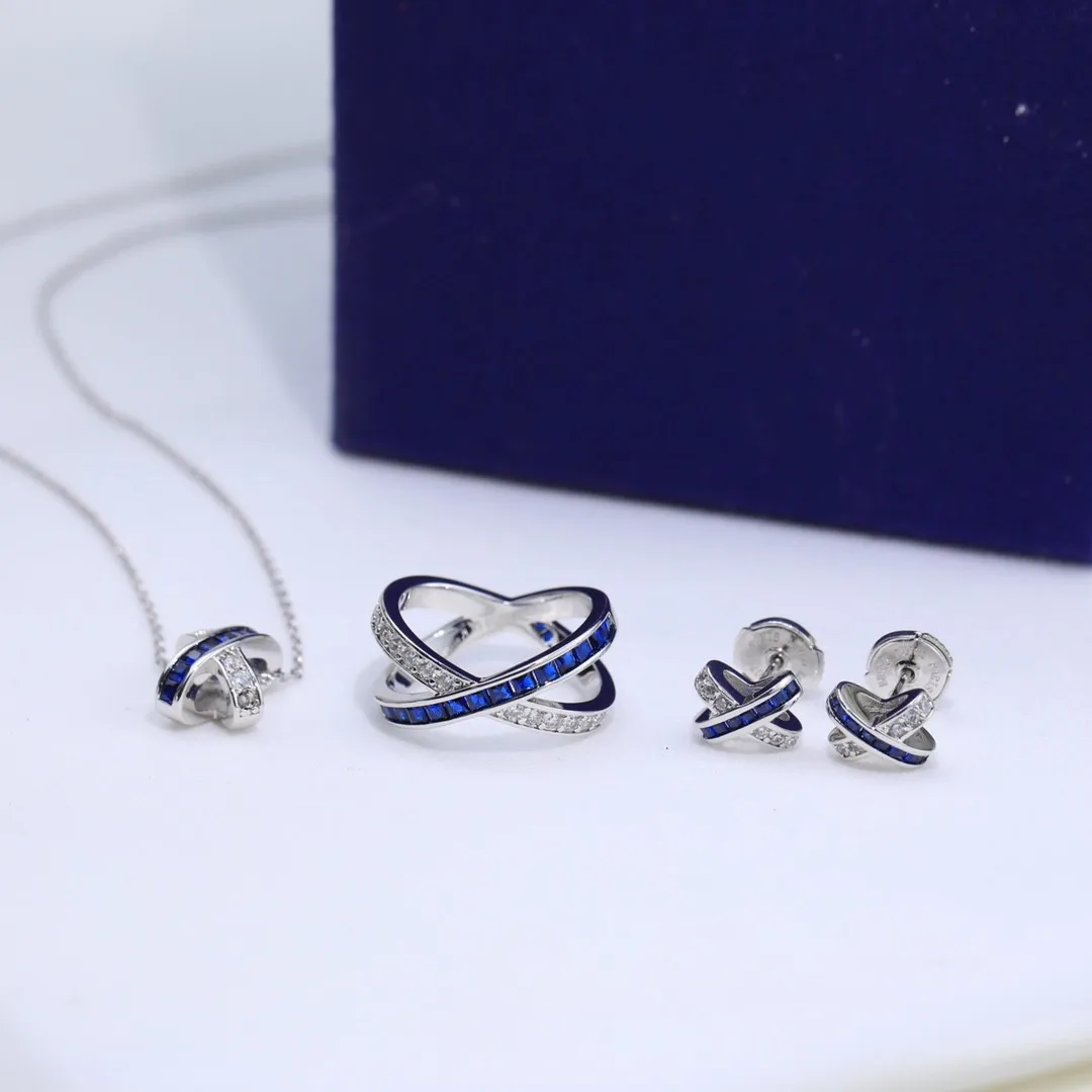 

New Parisian Style Fashion Lifetime Cross Blue Stone Split X-shaped Earrings Necklace Female Couple Ring Wedding Party Dinner