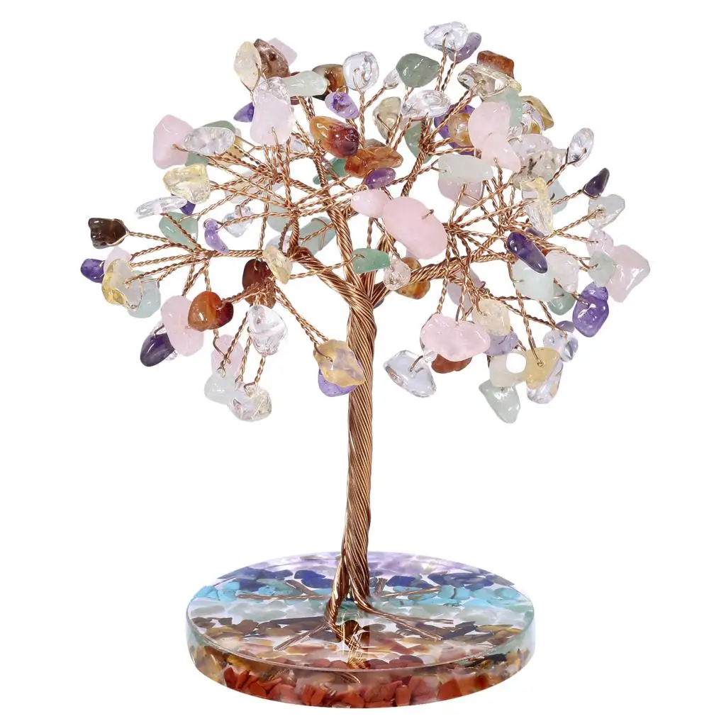 Natural Crystal Tree With 7 Chakra Stones Resin Base Lucky Money Trees Feng Shui Sculpture Home Office Decoration