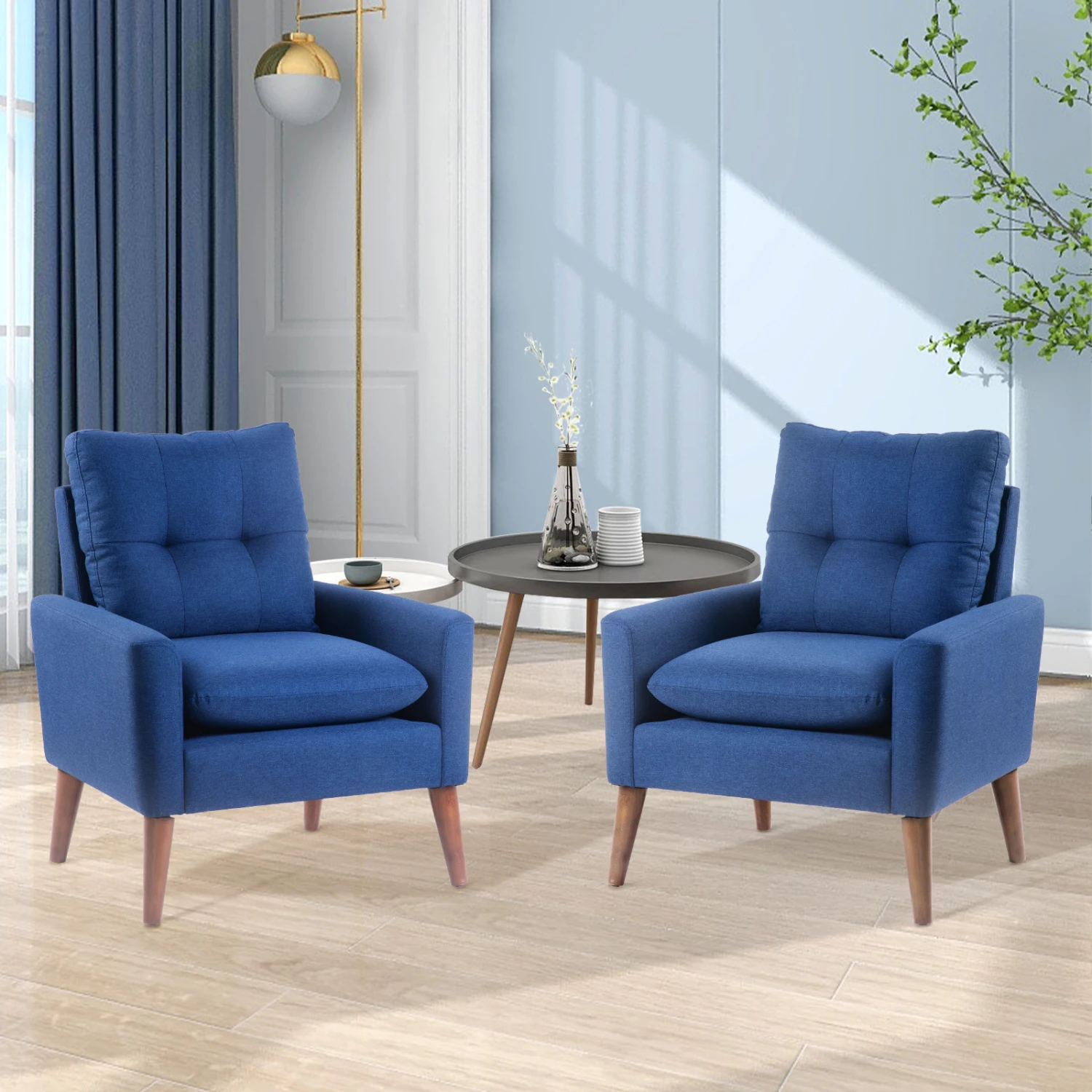 

Set of 2 Modern Blue Upholstered Accent Chairs with Comfortable Pillows, Stylish Armrests, and Wooden Legs - Single Sofa for Liv