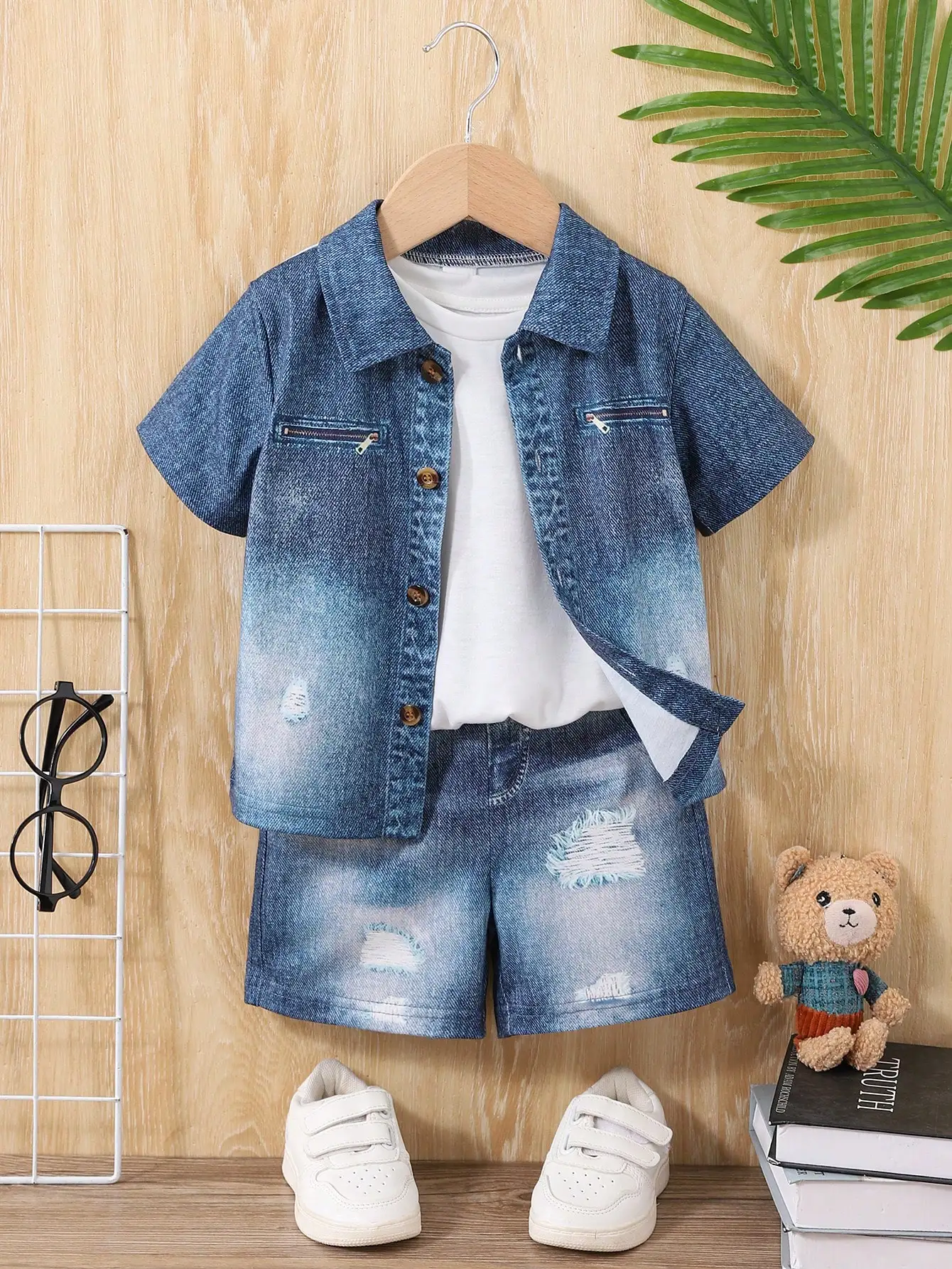 2025 New Imitation Cotton Fabric Denim Digital Print Lapel Short Sleeve Shorts Version Trend Retro For Boys Outdoor 2 Sets 2
