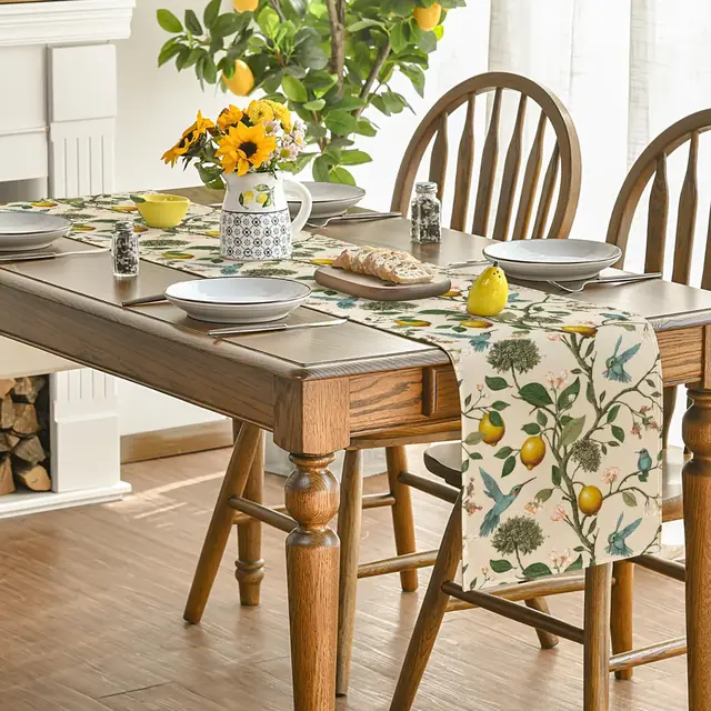 Spring Summer Lemon Tree Bird Flower Linen Table Runner Party Decor Reusable Kitchen Dining Table Runner Wedding Decorations 4