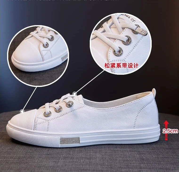 Genuine Leather Casual Sneakers for Women Spring Summer Lace Up Flats Girls Loafers Shoes Ladies Vulcanized Shoes White