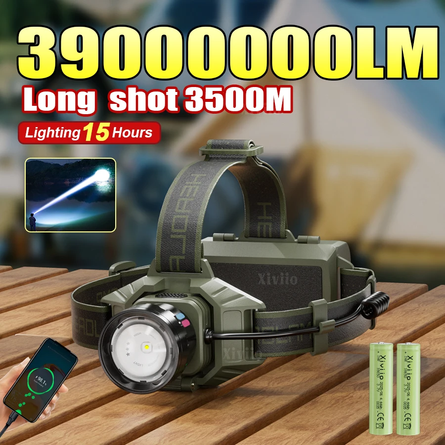 39000000LM 가장 강력한 LED 헤드라이트 강한 빛 3500M 헤드 토치 충전..