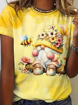 Crew Neck Short Sleeve Cute Gnome Bee Floral Print T Shirt Women's Outfits Casual Daily Wear 1