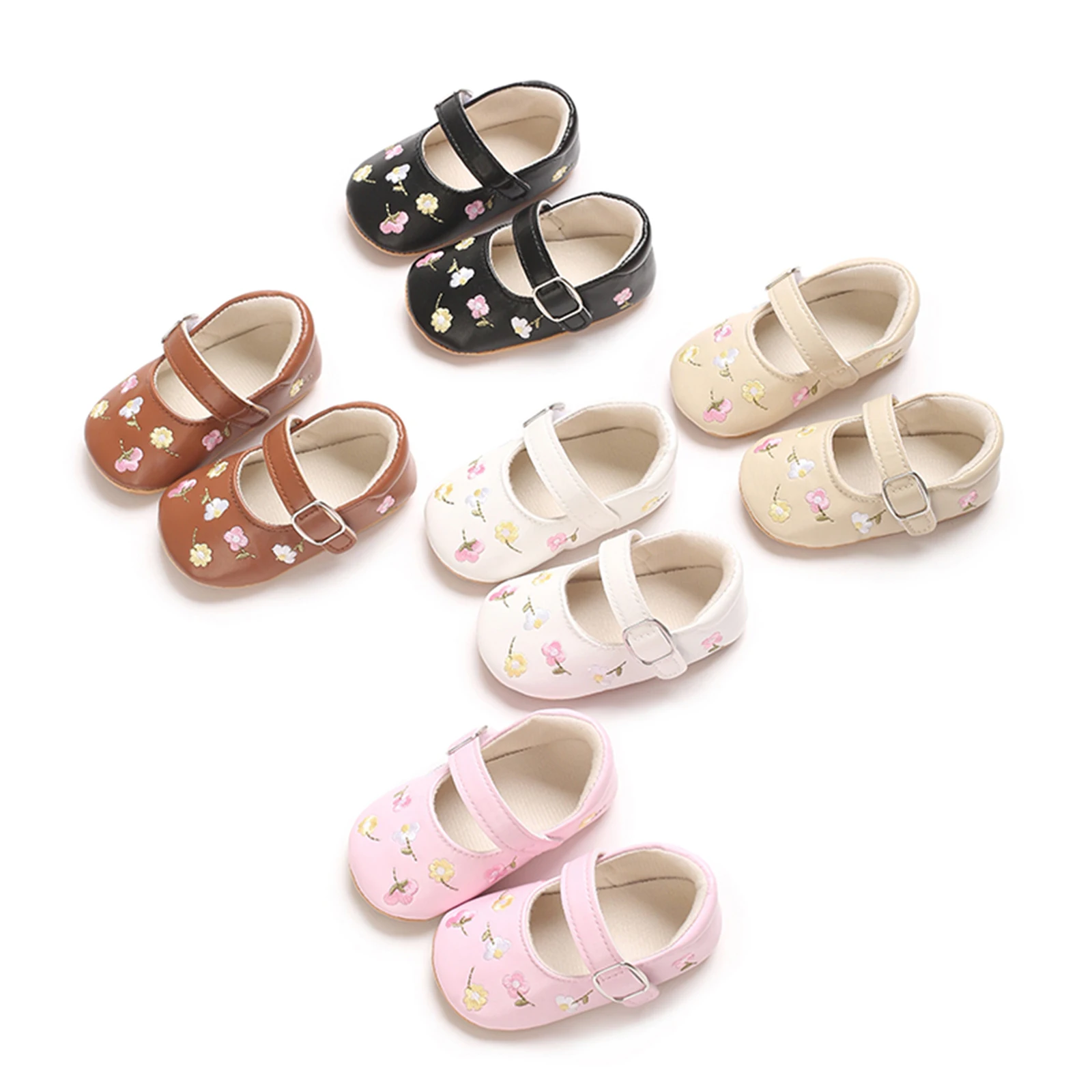 FOCUSNORM 0-18M Lovely Baby Girls Mary Jane Flats Shoes Flower Embroidered Non-Slip Newborn Crib Shoes