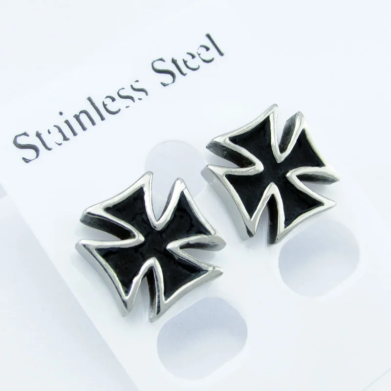 Drop Shipping Punk 316L Stainless Steel Knights Templar Iron Cross Stud Earrings 6