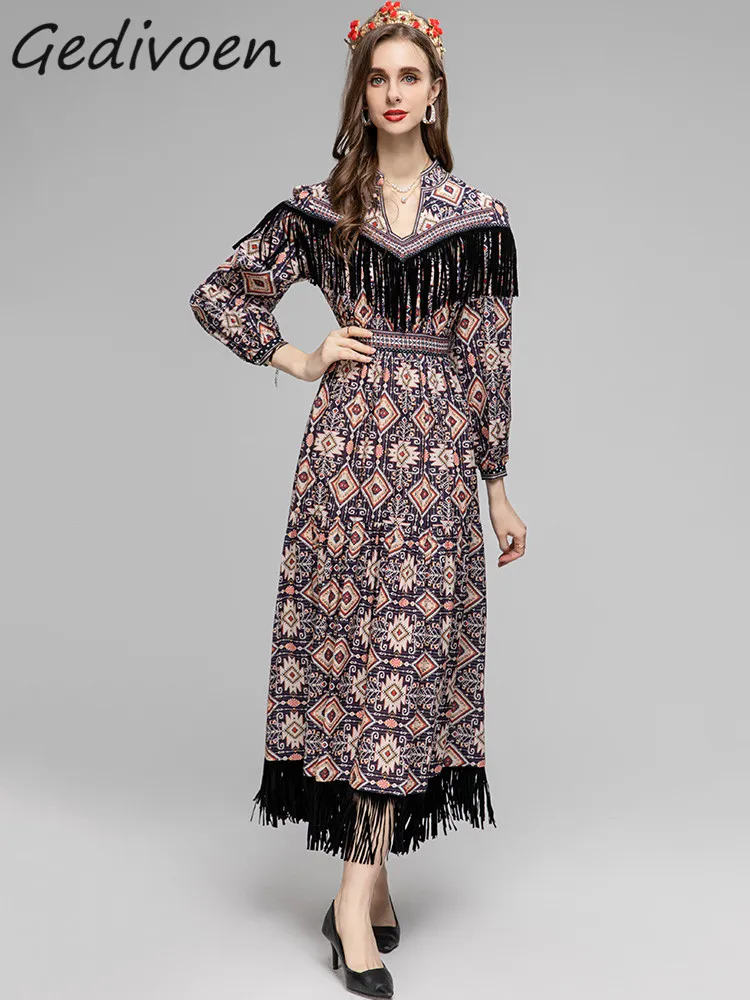 

Gedivoen летнее модное дизайнерское винтажное платье с принтом женское платье с рукавами-фонариками кисточками с высокой эластичной талией тонкое длинное платье