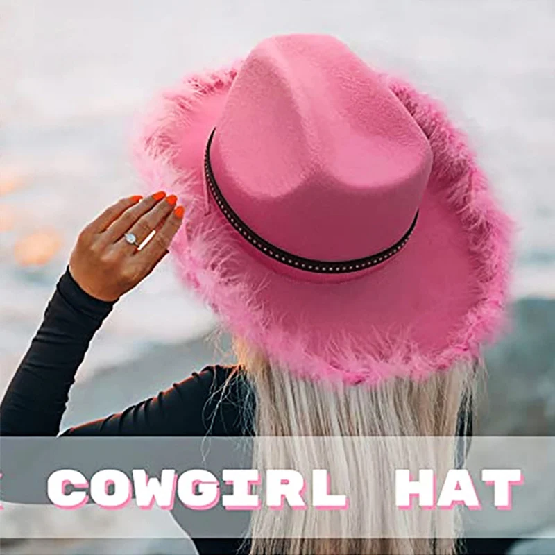 Women Western Cowgirl Hat Wide Brim Fedora Hat with Feather Trim Bachelor Party Accessories 1