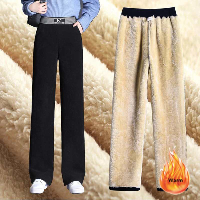 Letter Print Lambwool Wide Leg Pants Women Winter Baggy Pantalones Oversized Fleece Lined High Waist Corduroy Straight Trousers wide leg pants for women’s fleece lined sweatpants straight pants bottom all math plain fitness joggers travel basic pants