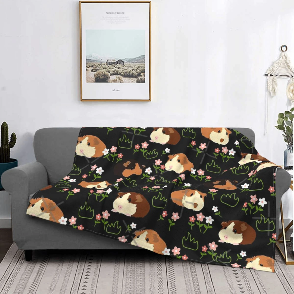 Guinea Pig And Flowers Black Throw Blanket Pompompurin Receiving
