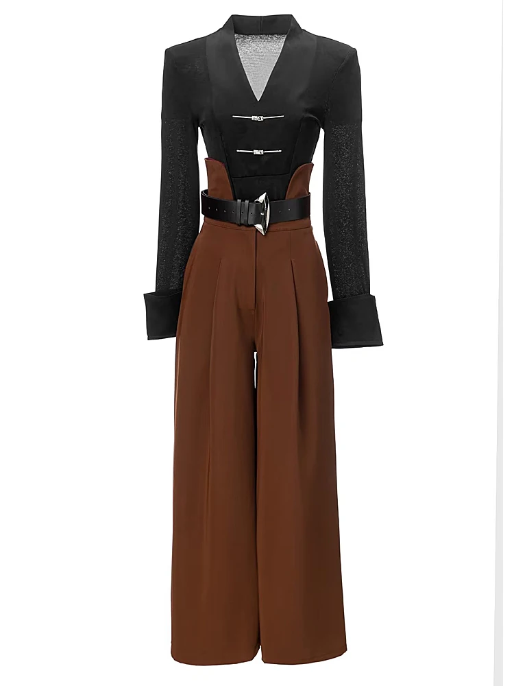 

Women's Sets New Autumn Spring High Quality Fashion Party Black V Neck Top Unique Casual Long Pants Temperament Two Piece Set