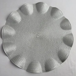 Set of 6 Heat-Resistant Woven Round Placemats with Corrugated Edges (Silver)