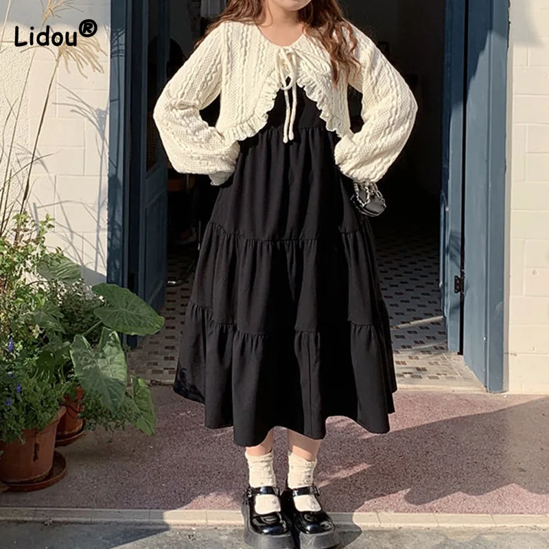 플러스 사이즈 여성 의류 부드러운 윈드 슈트, 프릴 트위스트 플라워, 순수한 욕망 케이프 니트 셔츠, 블랙 드레스, 투피스 세트 